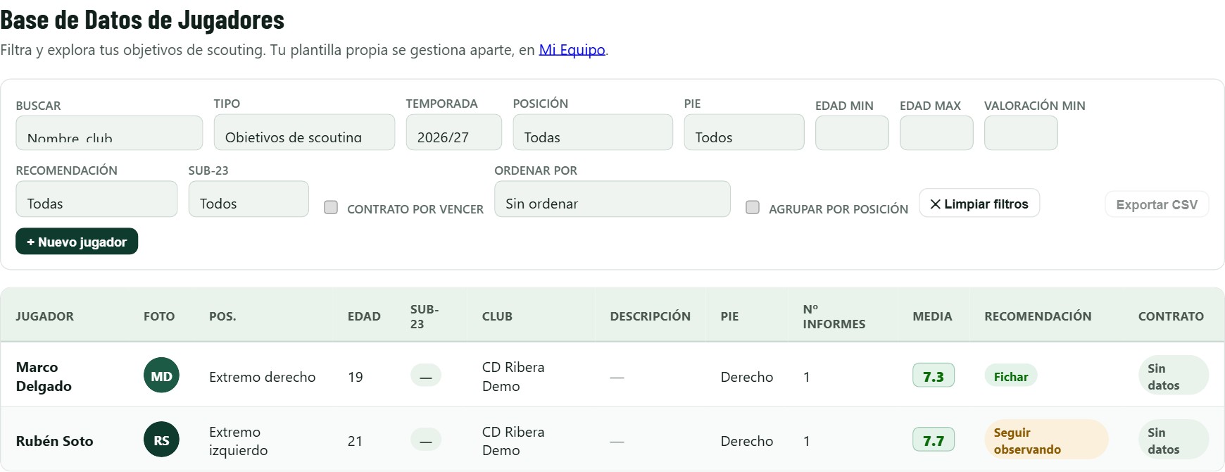 Base de datos de jugadores de Scoutime con filtros por posición, temporada y recomendación, y una tabla con dos jugadores, su media y su recomendación de fichaje.