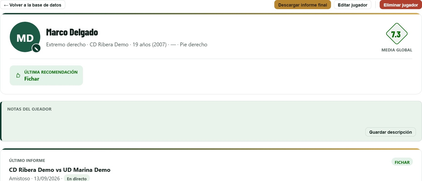 Ficha de un jugador en Scoutime con su media global de 7.3, la recomendación de fichar y el resumen automático del último informe de partido.