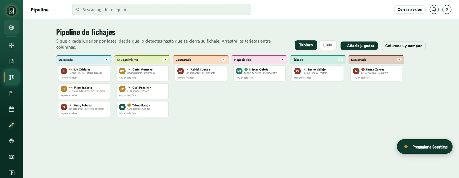 Pipeline de fichajes de Scoutime con jugadores organizados por fase de negociación