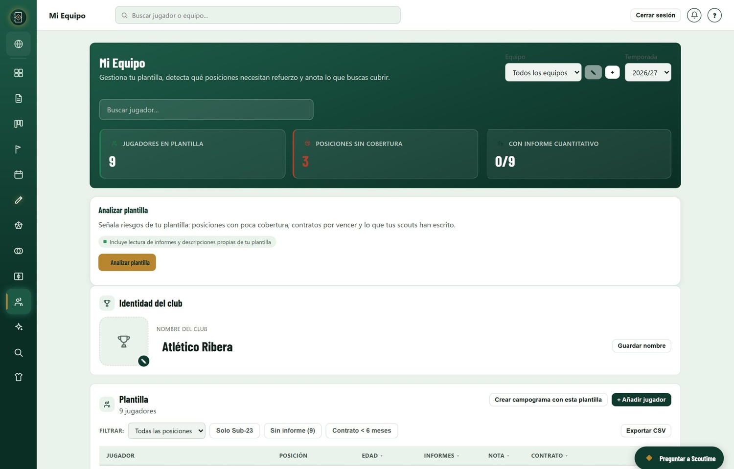 Vista Mi Equipo de Scoutime con jugadores en plantilla, posiciones sin cobertura y plantilla filtrable
