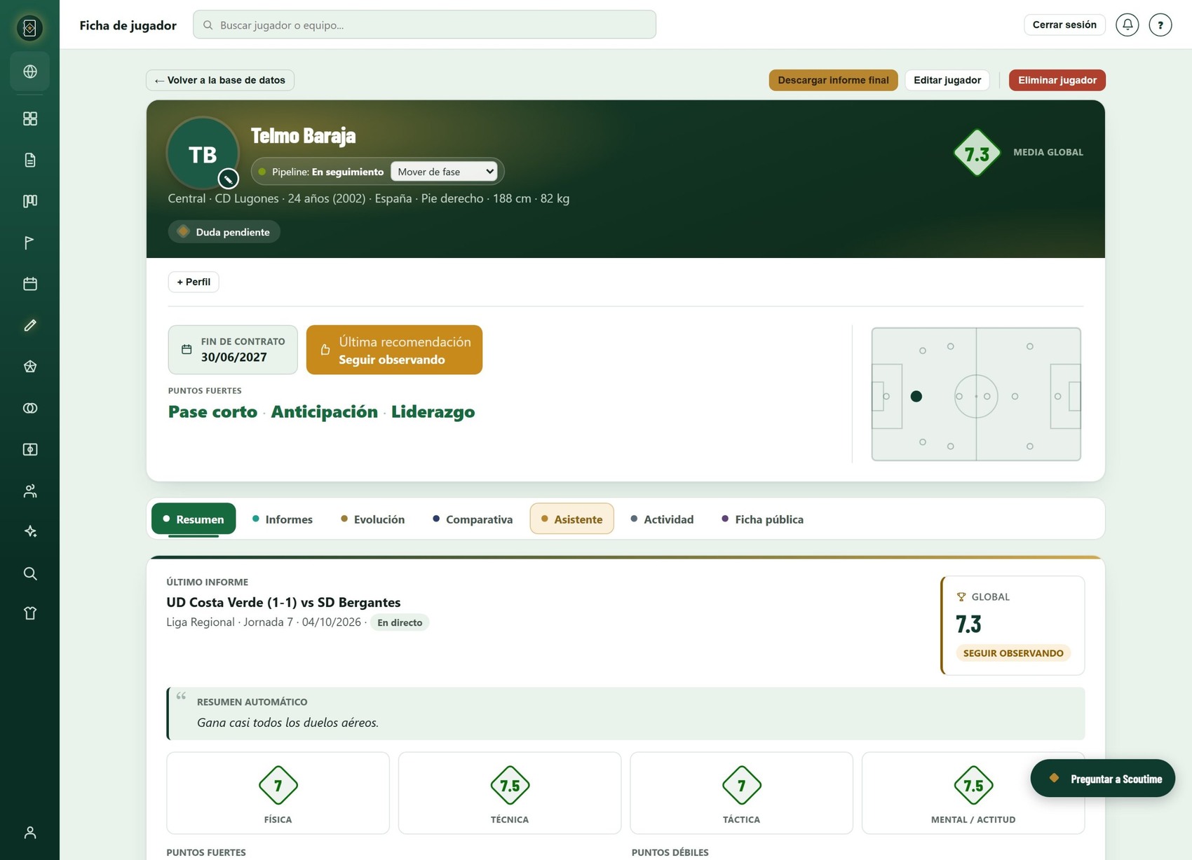 Ficha de un jugador en Scoutime con su media global y recomendación de fichaje